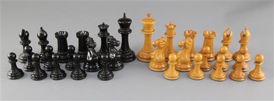 A Jaques Staunton pattern ebony and boxwood club chess set, king 4.25in.